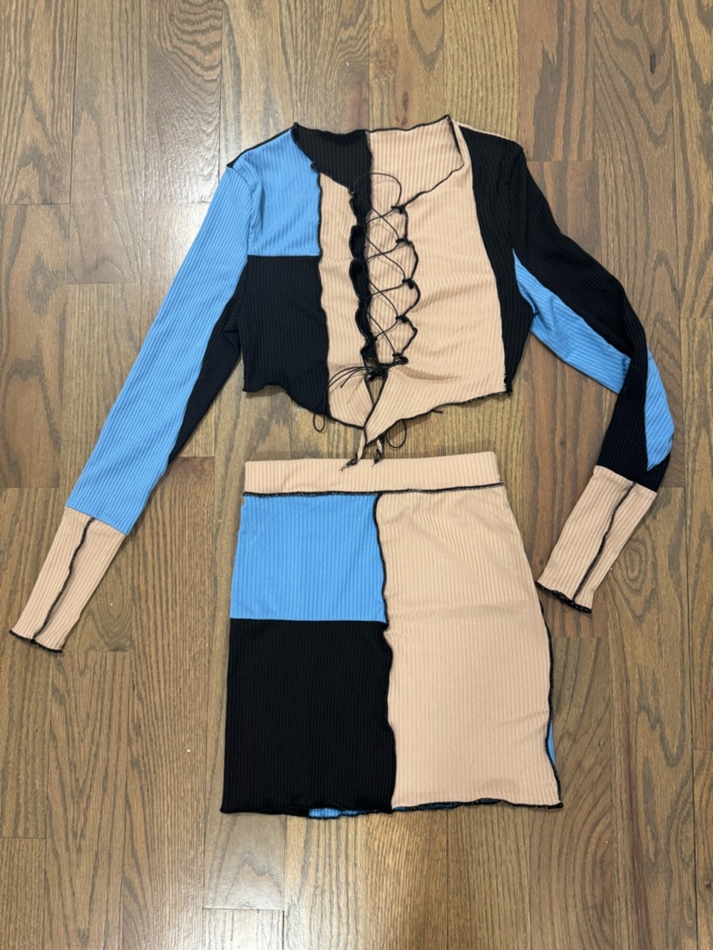 SHEIN Colorblock Ribbed Lace-Up Skirt Set - Blue, Black, Beige